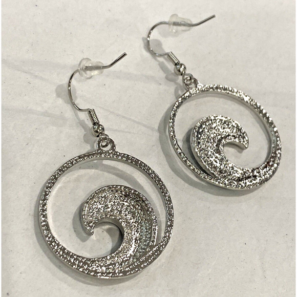 Silvertone pierced earrings drop dangle hoops blue white crystal rhinestone wave - Picture 4 of 6